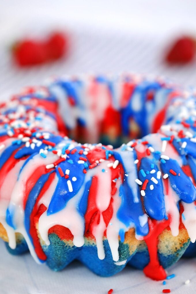 Patriotic red, white, and blue colored bundt cake.